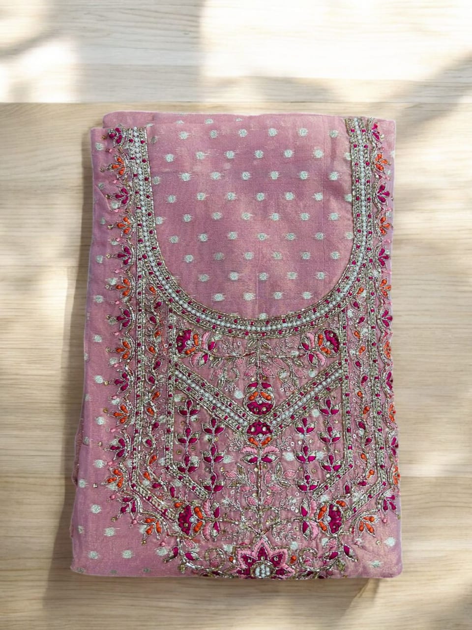 Stunning Shimmer Jacquard Unstitched Suit with Intricate Embroidery & Zari Dupatta