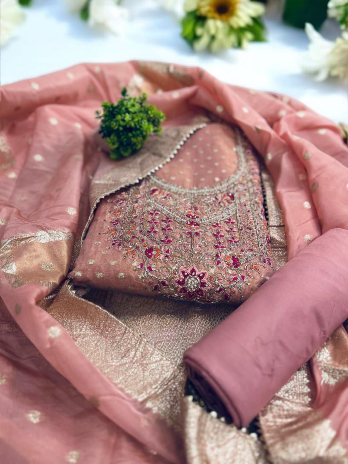 Stunning Shimmer Jacquard Unstitched Suit with Intricate Embroidery & Zari Dupatta