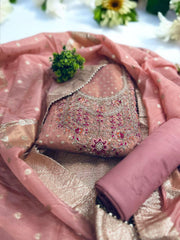 Stunning Shimmer Jacquard Unstitched Suit with Intricate Embroidery & Zari Dupatta