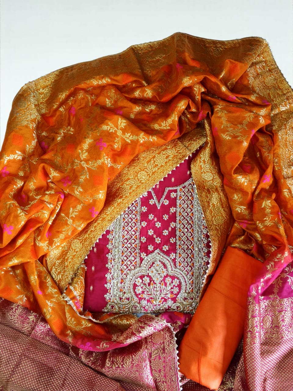 Elegant Chanderi Silk Embroidered Unstitched Suit with Banarasi Dupatta