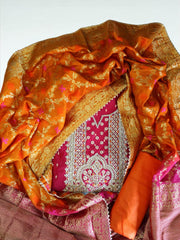 Elegant Chanderi Silk Embroidered Unstitched Suit with Banarasi Dupatta