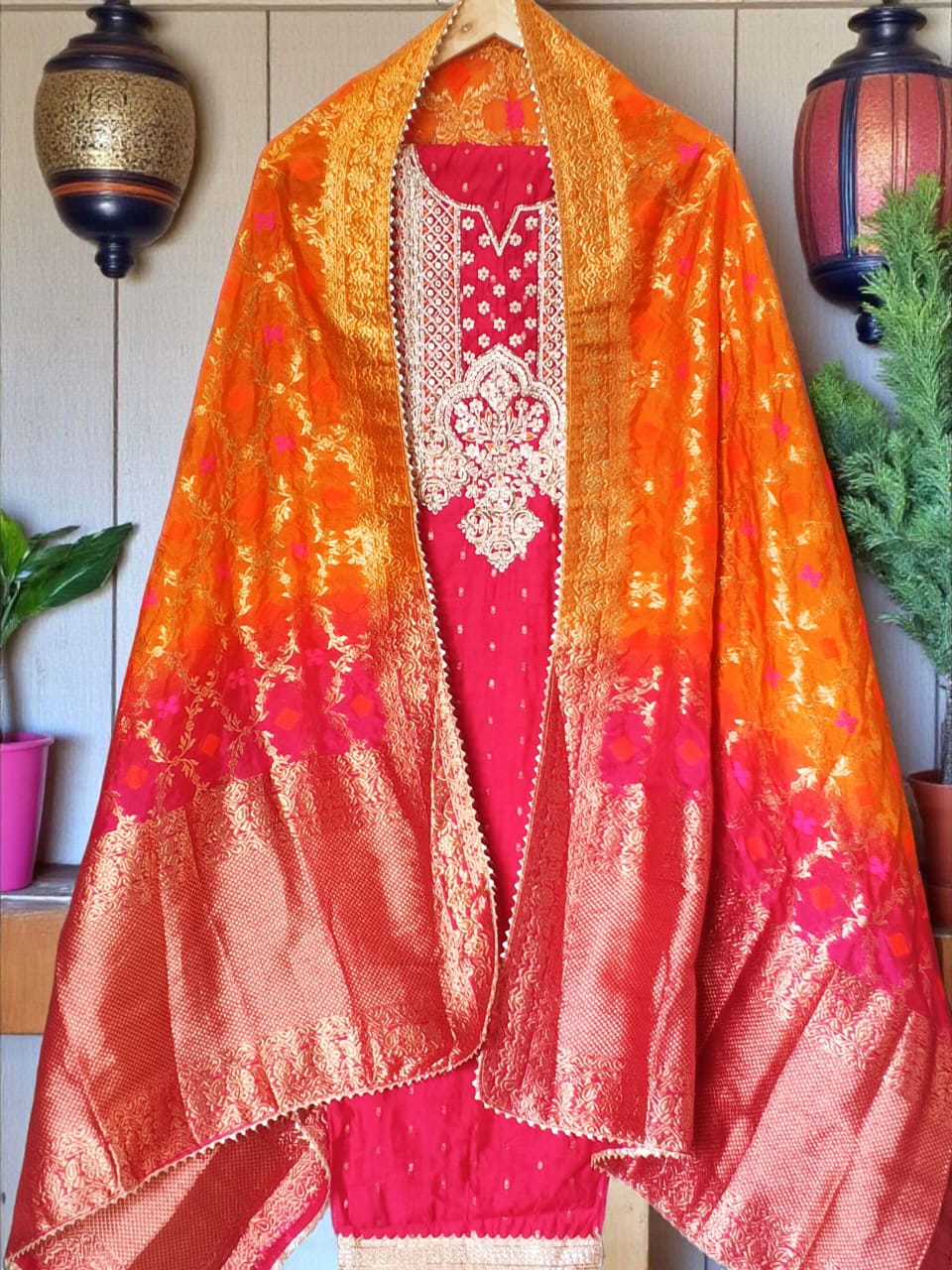 Elegant Chanderi Silk Embroidered Unstitched Suit with Banarasi Dupatta