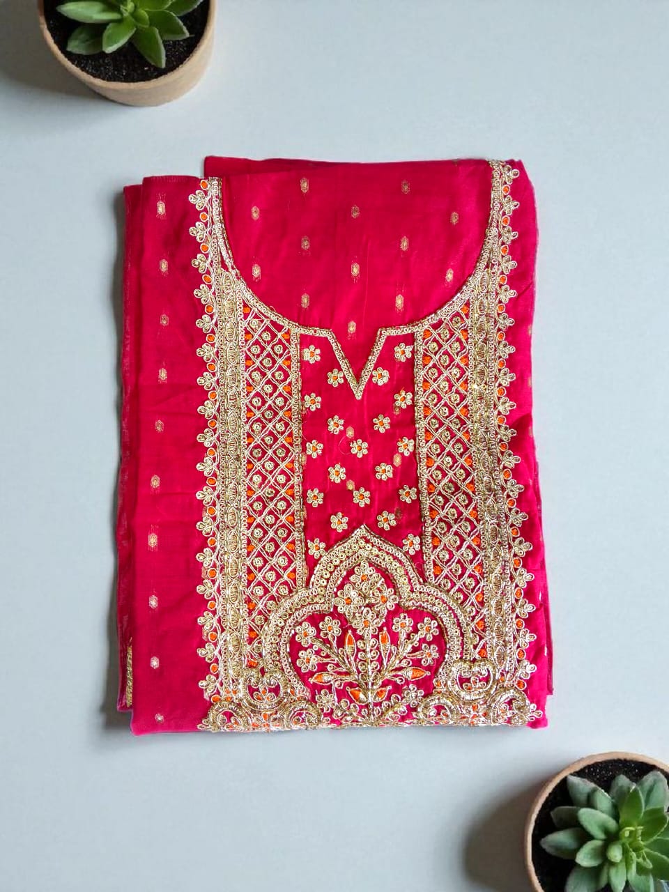 Elegant Chanderi Silk Embroidered Unstitched Suit with Banarasi Dupatta