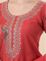 Elegant Coral Embroidered Suit Set with embroidered Organza Dupatta