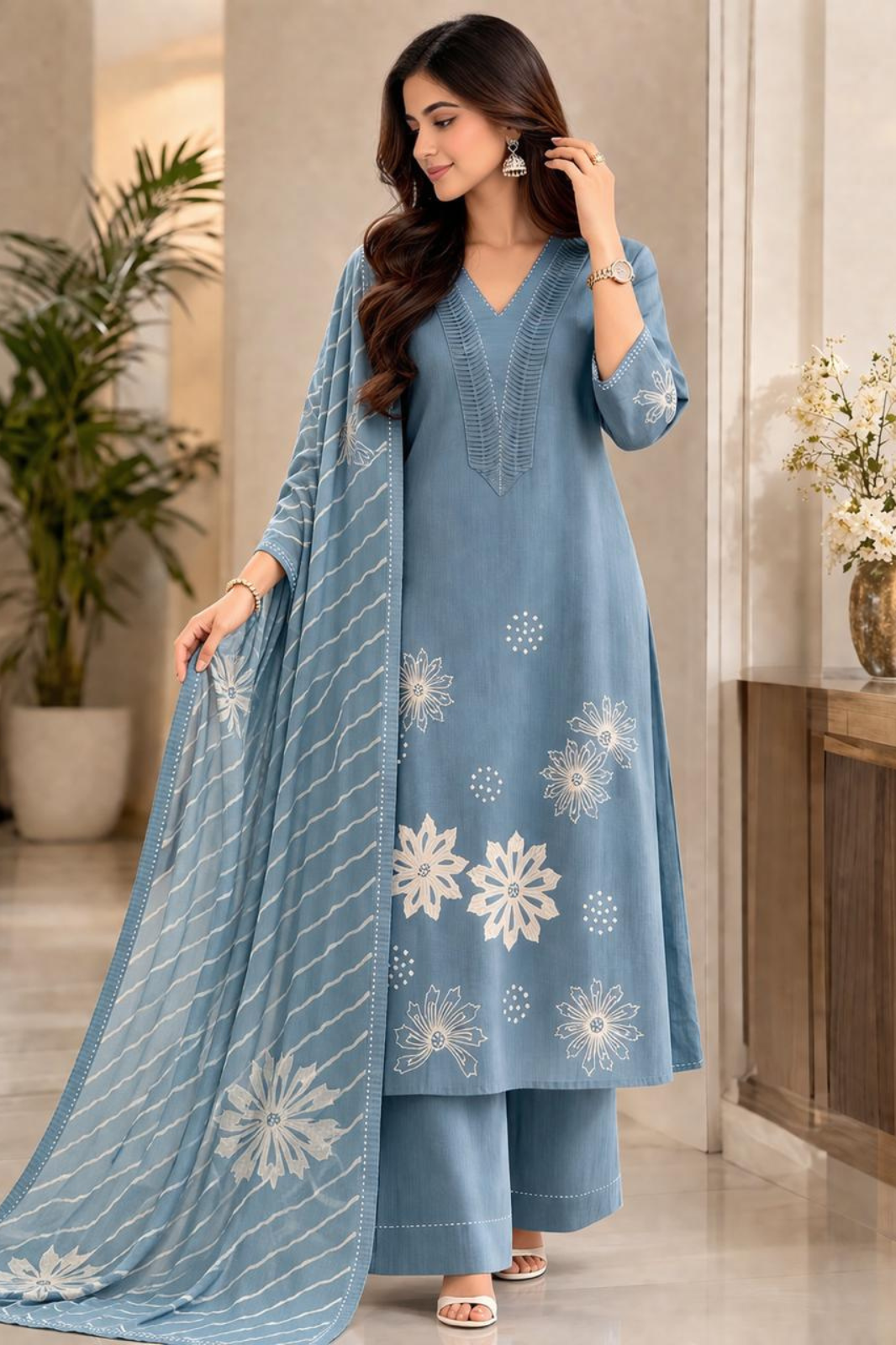 Graceful Dusty Blue Linen Kurta Set with Embroidery & Appliqué Work and Digital Print Dupatta