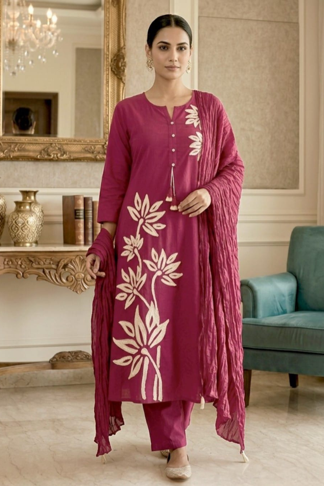 Elegant Magenta Cotton A-Line Kurta Set with Aari Embroidery & Dupatta