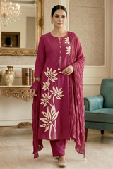 Elegant Magenta Cotton A-Line Kurta Set with Aari Embroidery & Dupatta