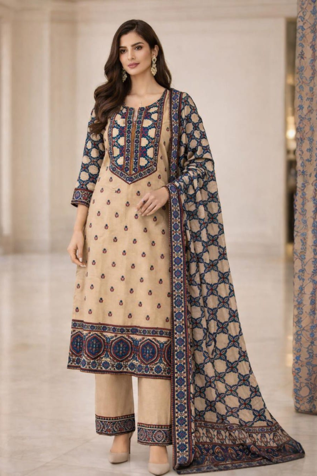 Elegant Beige Cotton Kurta Set with Handworked Yoke & Printed Dupatta