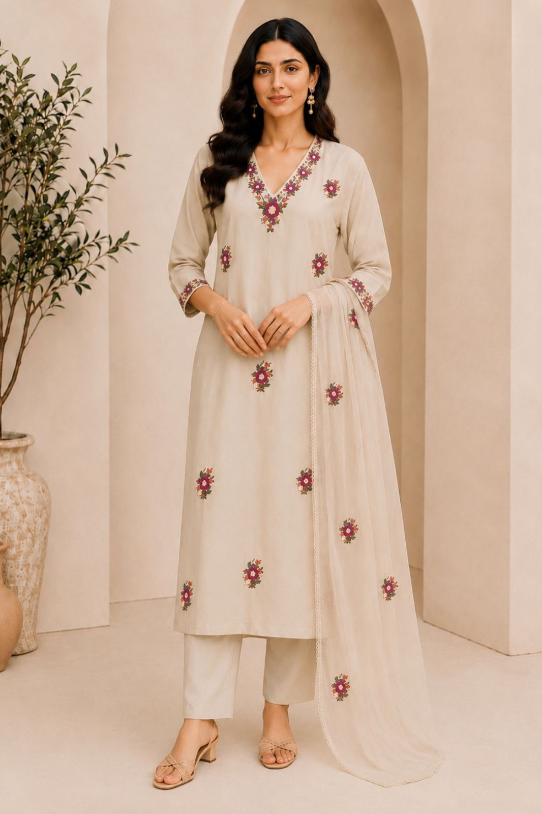 Elegant Cream Embroidered Cotton Kurta Set with Dupatta