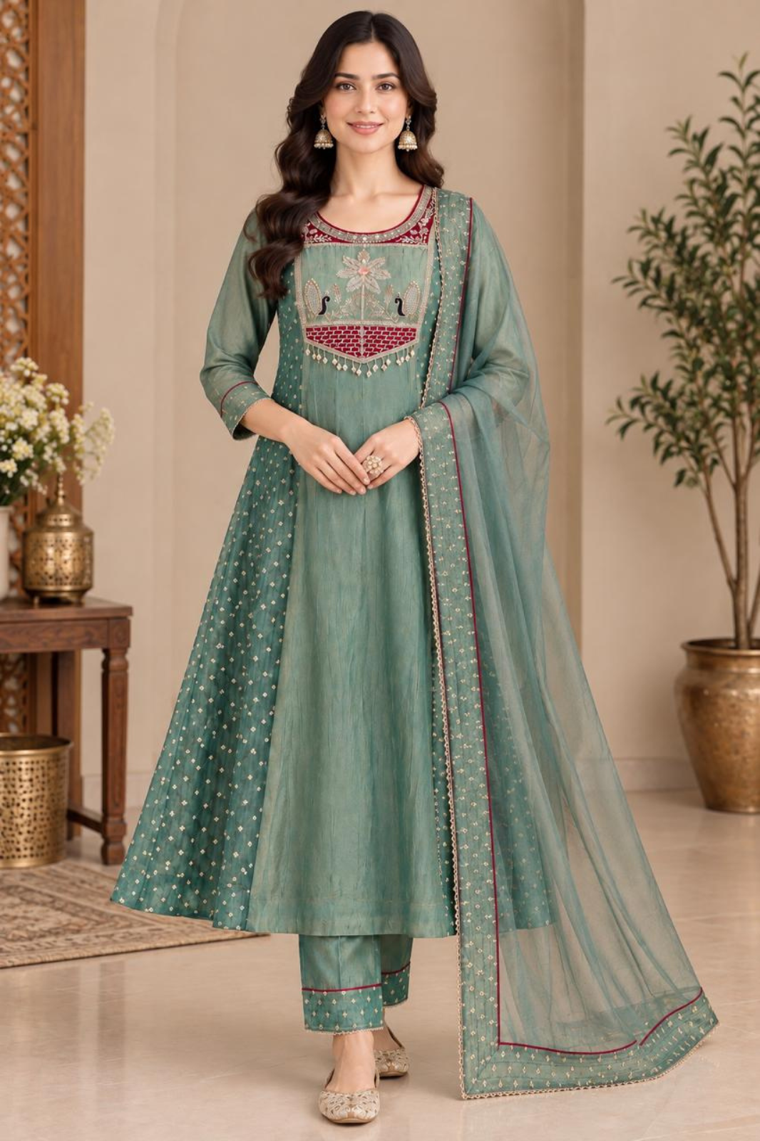 Graceful Sage Green Salsa Anarkali Set with Dupatta