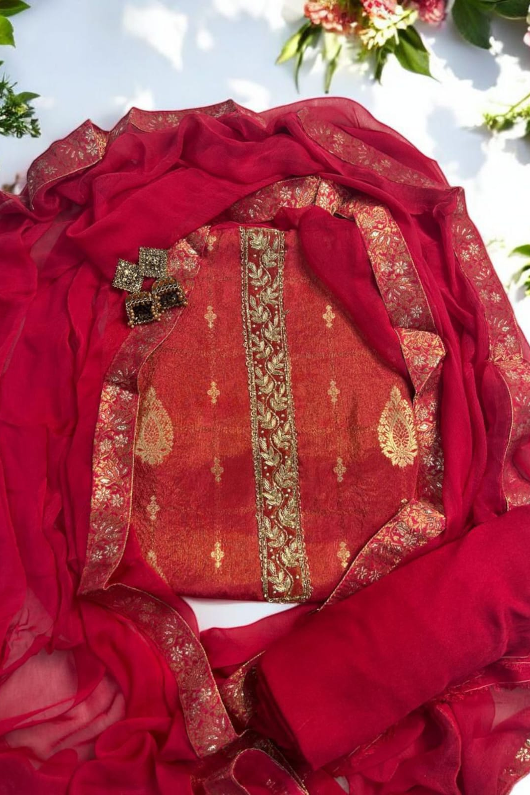 Royal Embroidered Banarasi Unstitched Suit with Golden Zari & Pure Dupatta