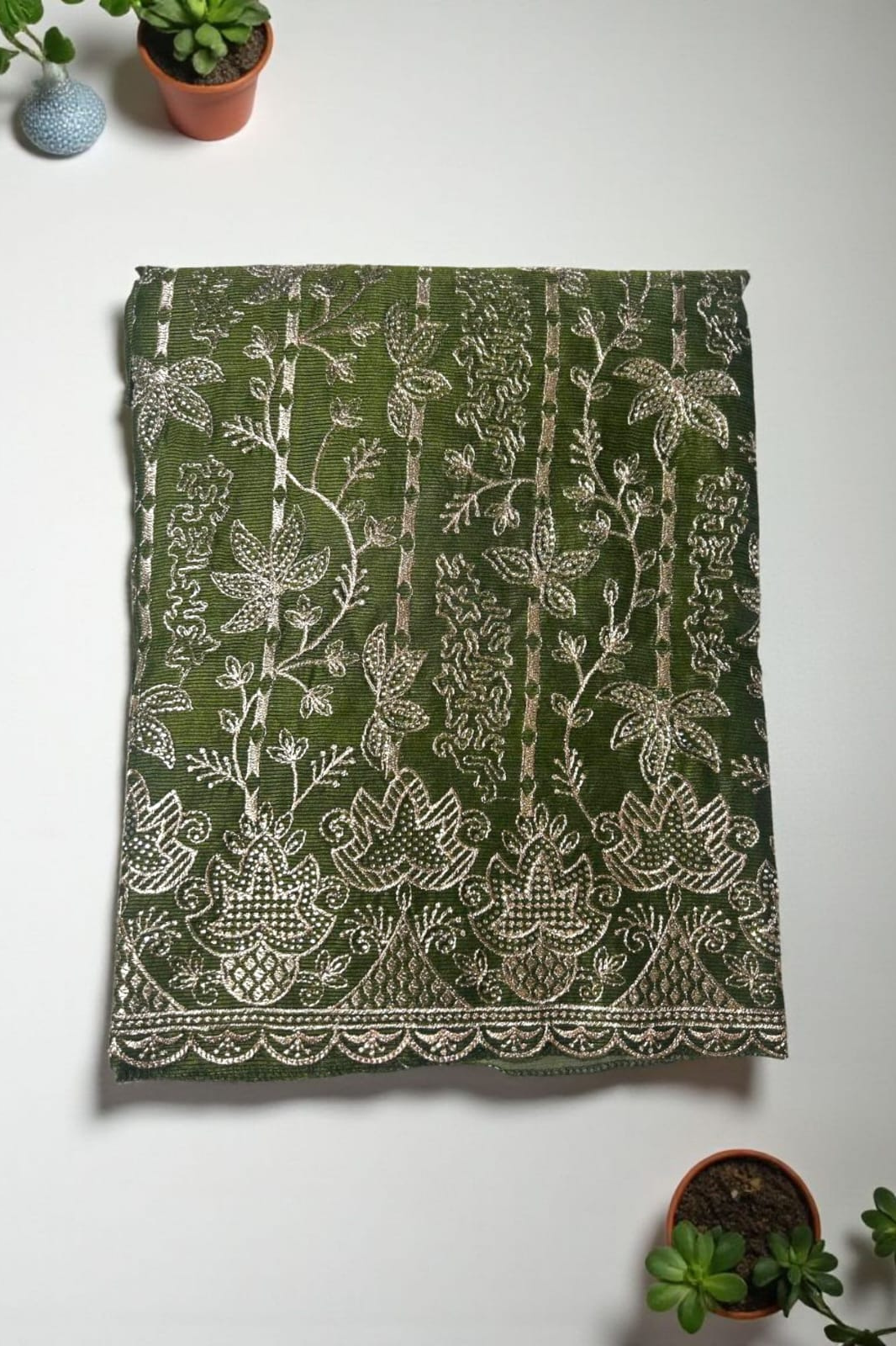 Premium Kota Silk Embroidered Unstitched Suit-Green