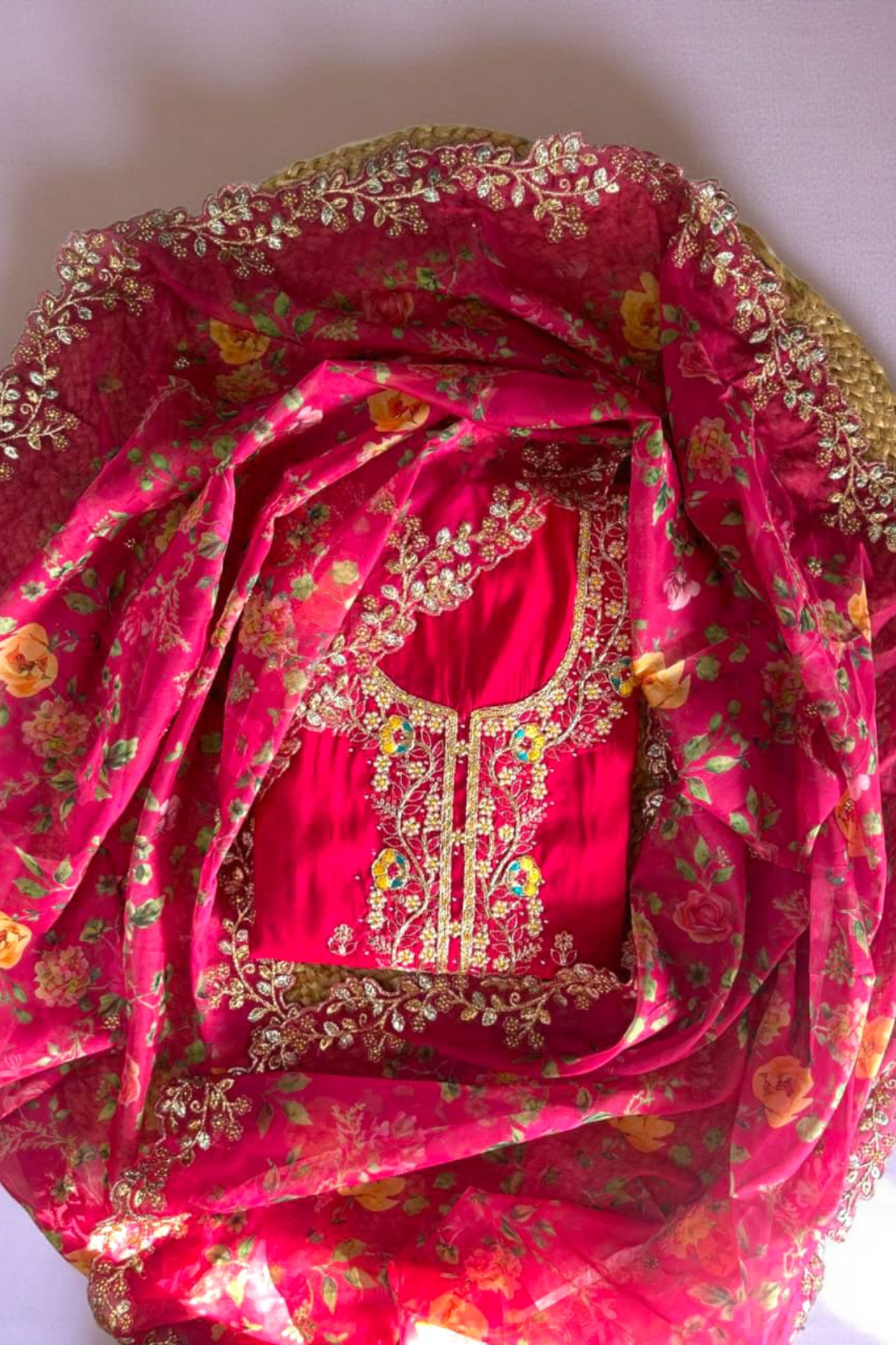 Vibrant Roman Silk Embroidered Unstitched Suit Set-Majenta