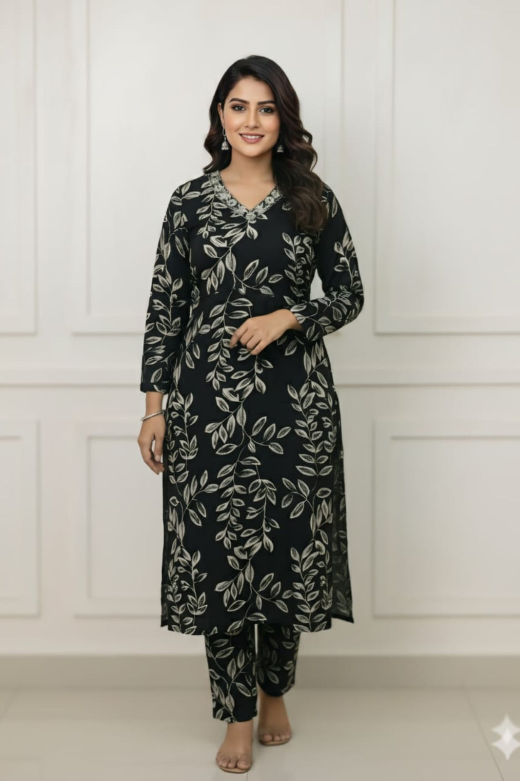 🖤 Black Leaf Print Co-ord Set – Elegant & Effortless