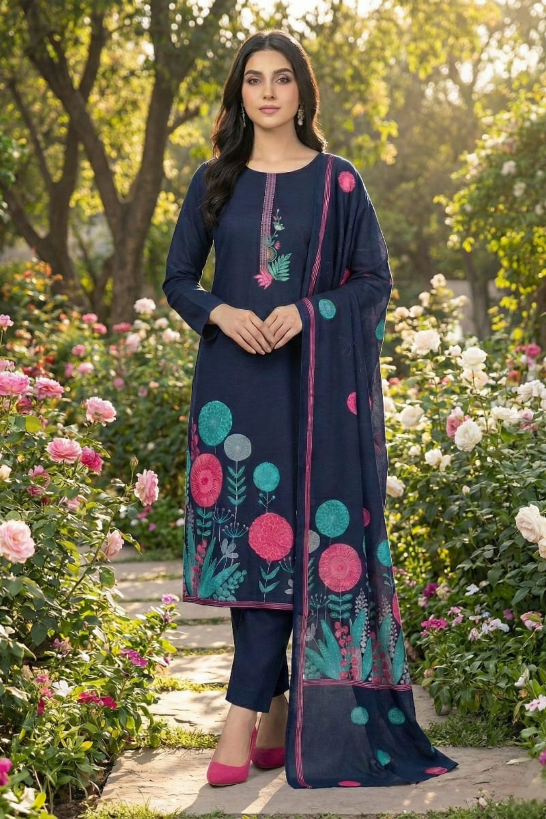 Unstitched- Navy Blue Pashmina Suit- Embroidered Neckline with Printed Dupatta