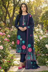 Unstitched- Navy Blue Pashmina Suit- Embroidered Neckline with Printed Dupatta