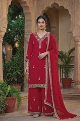 Elegant Maroon Embroidered Georgette Kurta Palazzo Set with Dupatta