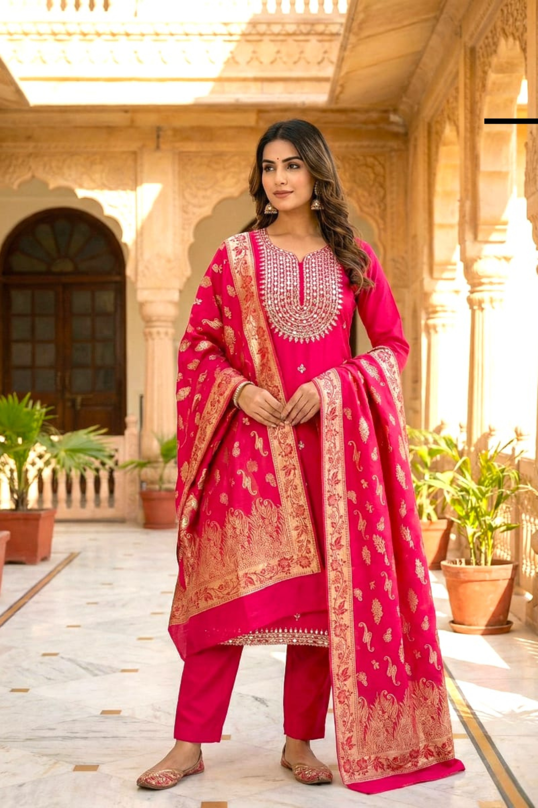 Royal Pink Mirror work Silk Suit Set with Banarasi Dupatta