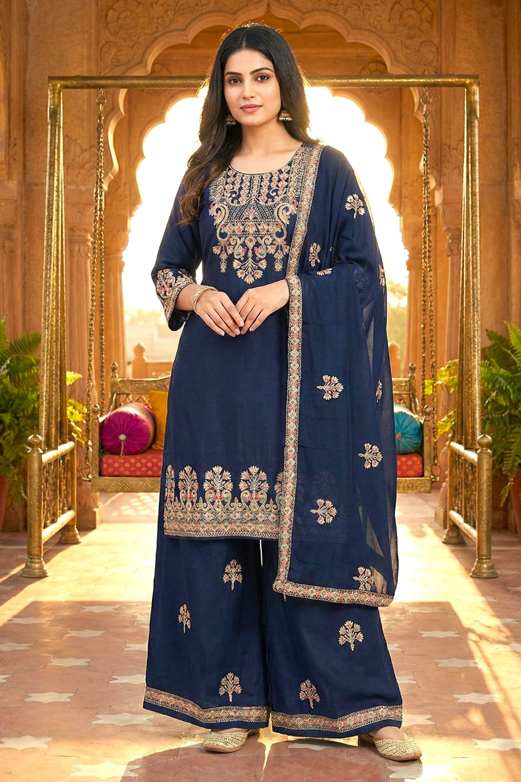 Navy Blue Embroidered Kurta Set with Divider