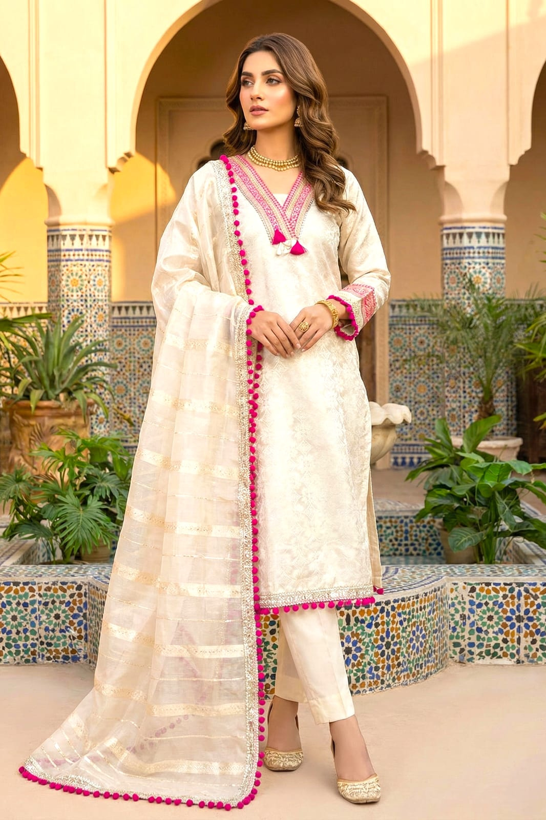 Elegant Tissue Embroidered Kurta Set with Contrast Tassel Dupatta
