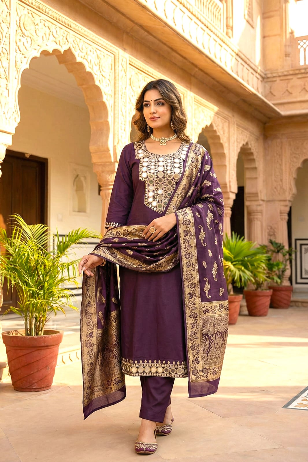 Royal Purple Mirror work Kurta Set with Banarasi Dupatta