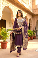 Royal Purple Mirror work Kurta Set with Banarasi Dupatta