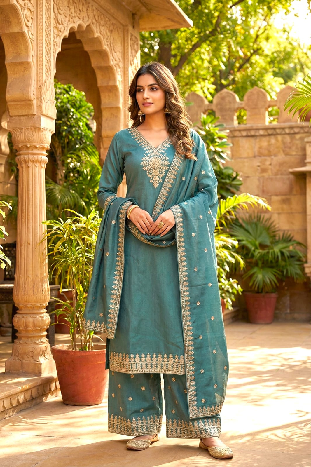 Teal Green Crushed Silk Embroidered Salwar Suit with Elegant Dupatta