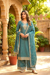 Teal Green Crushed Silk Embroidered Salwar Suit with Elegant Dupatta