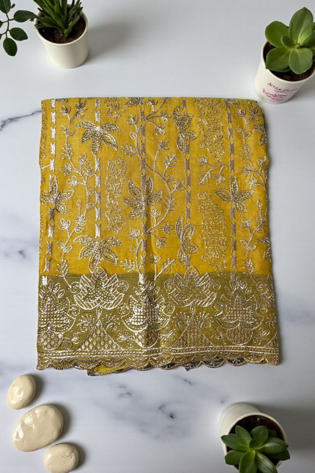 Premium Kota Silk Embroidered Unstitched Suit-Gold Yellow