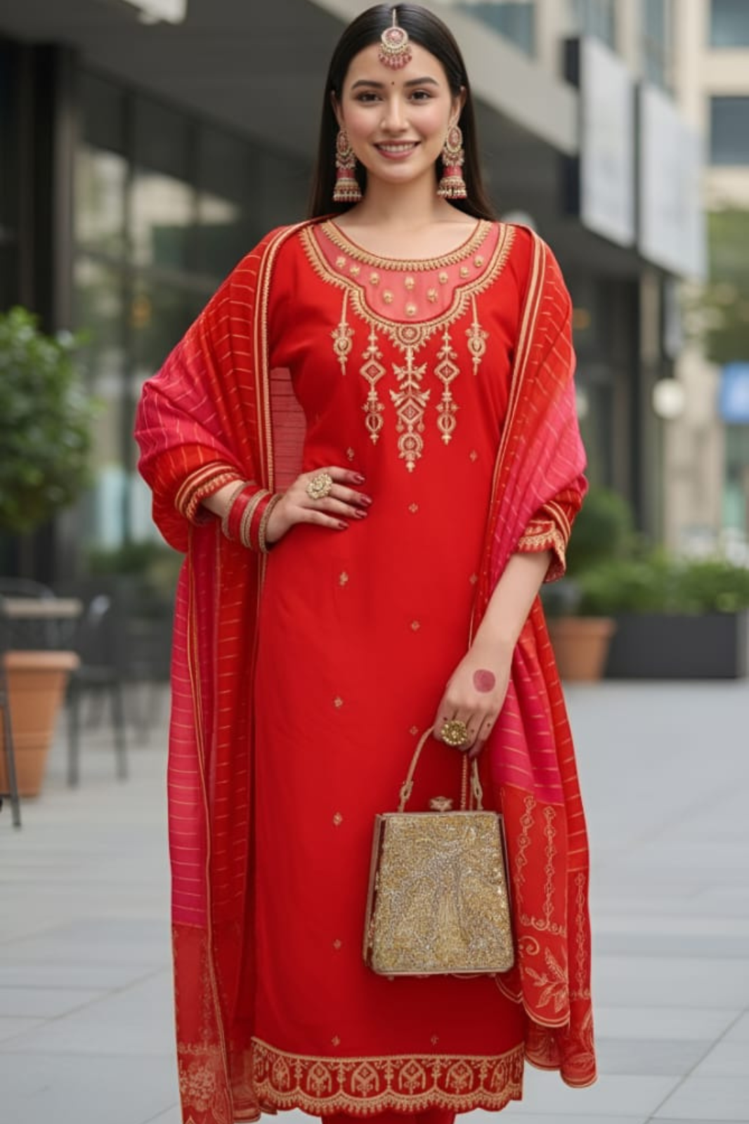 Heavily Embroidered Silk Suit Set with Dupatta-Red