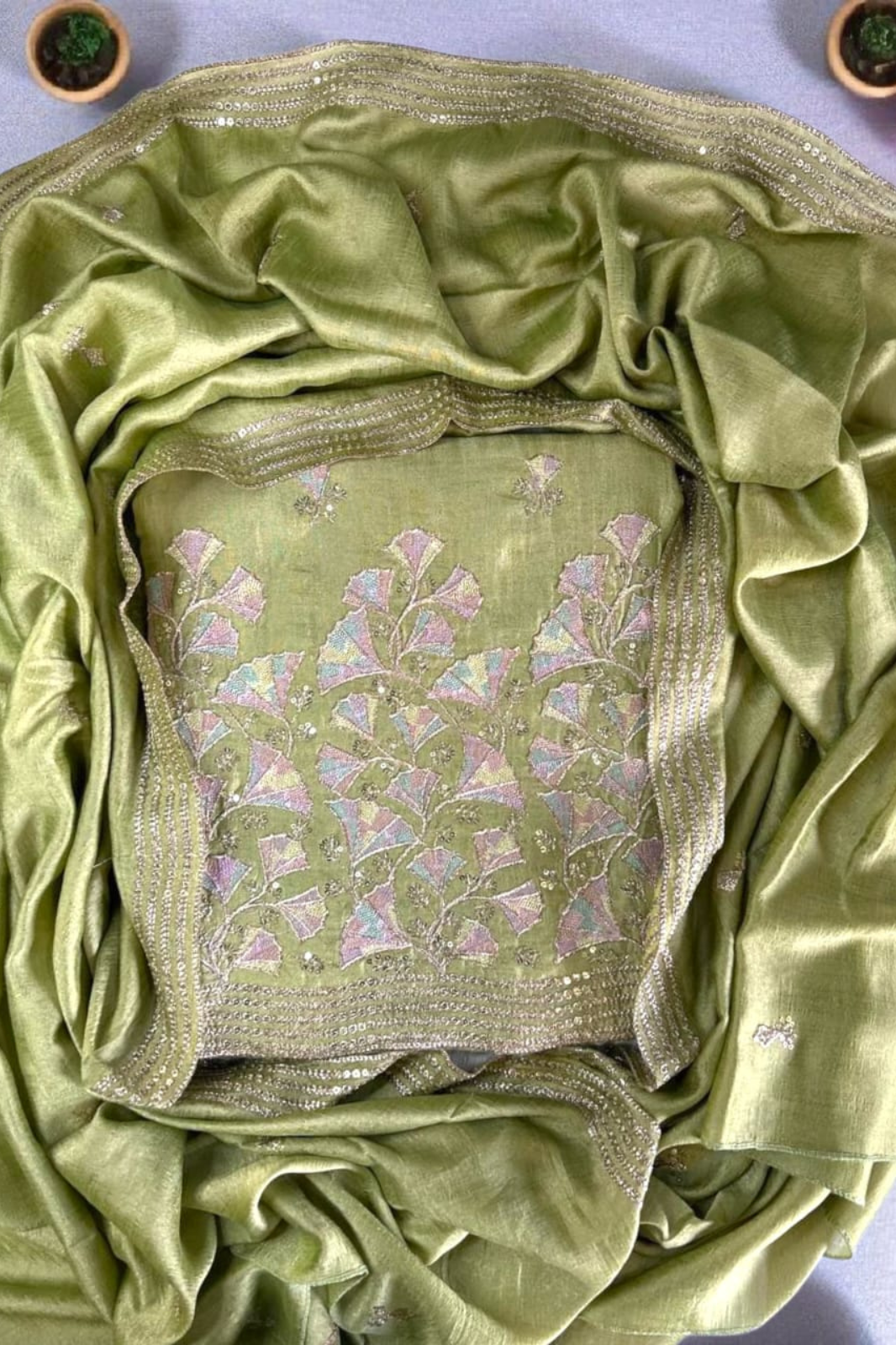 Vichitra Silk Embroidered Unstitched Suit Set with Dupatta-Green