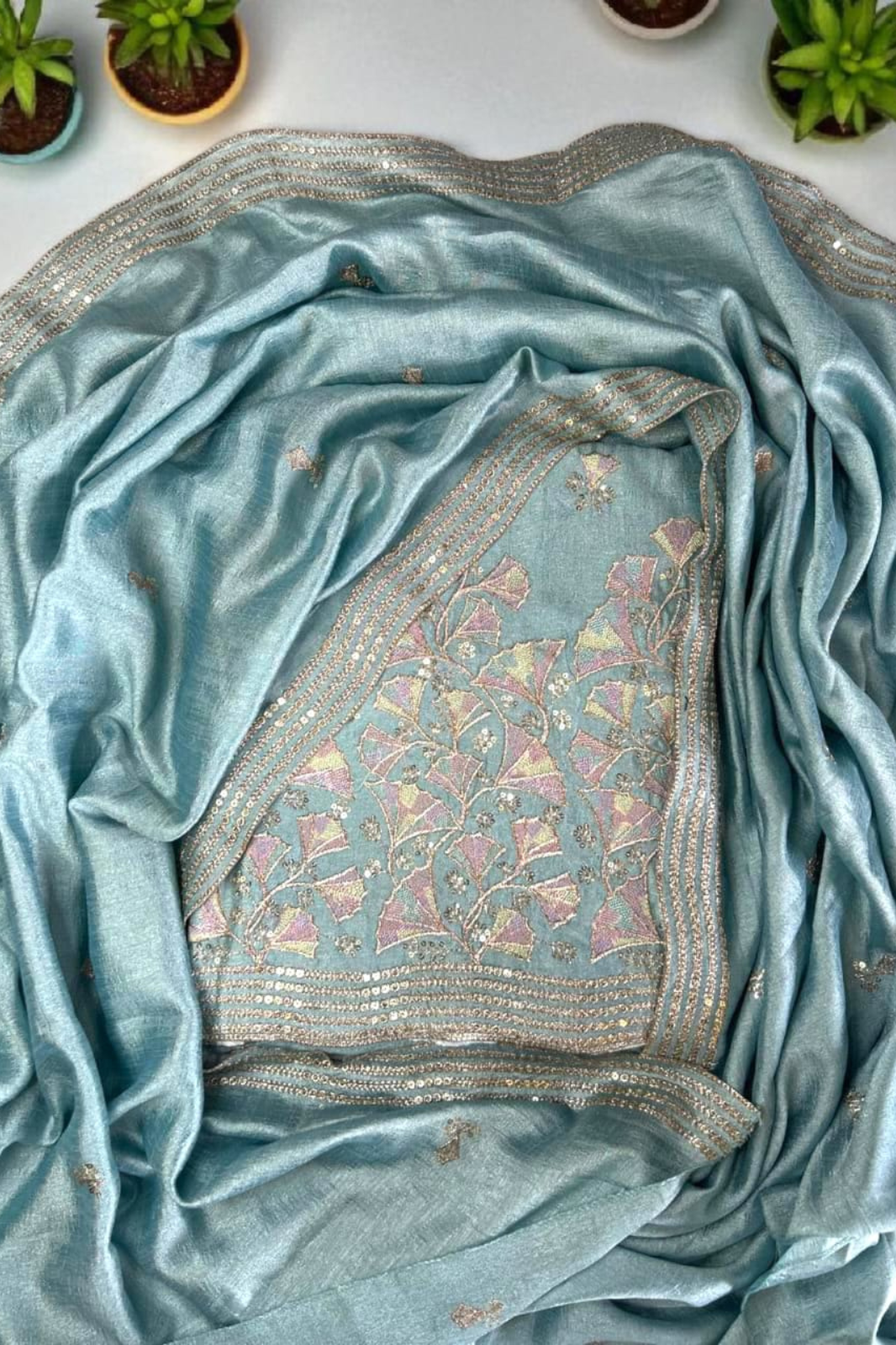 Vichitra Silk Embroidered Unstitched Suit Set with Dupatta-Blue