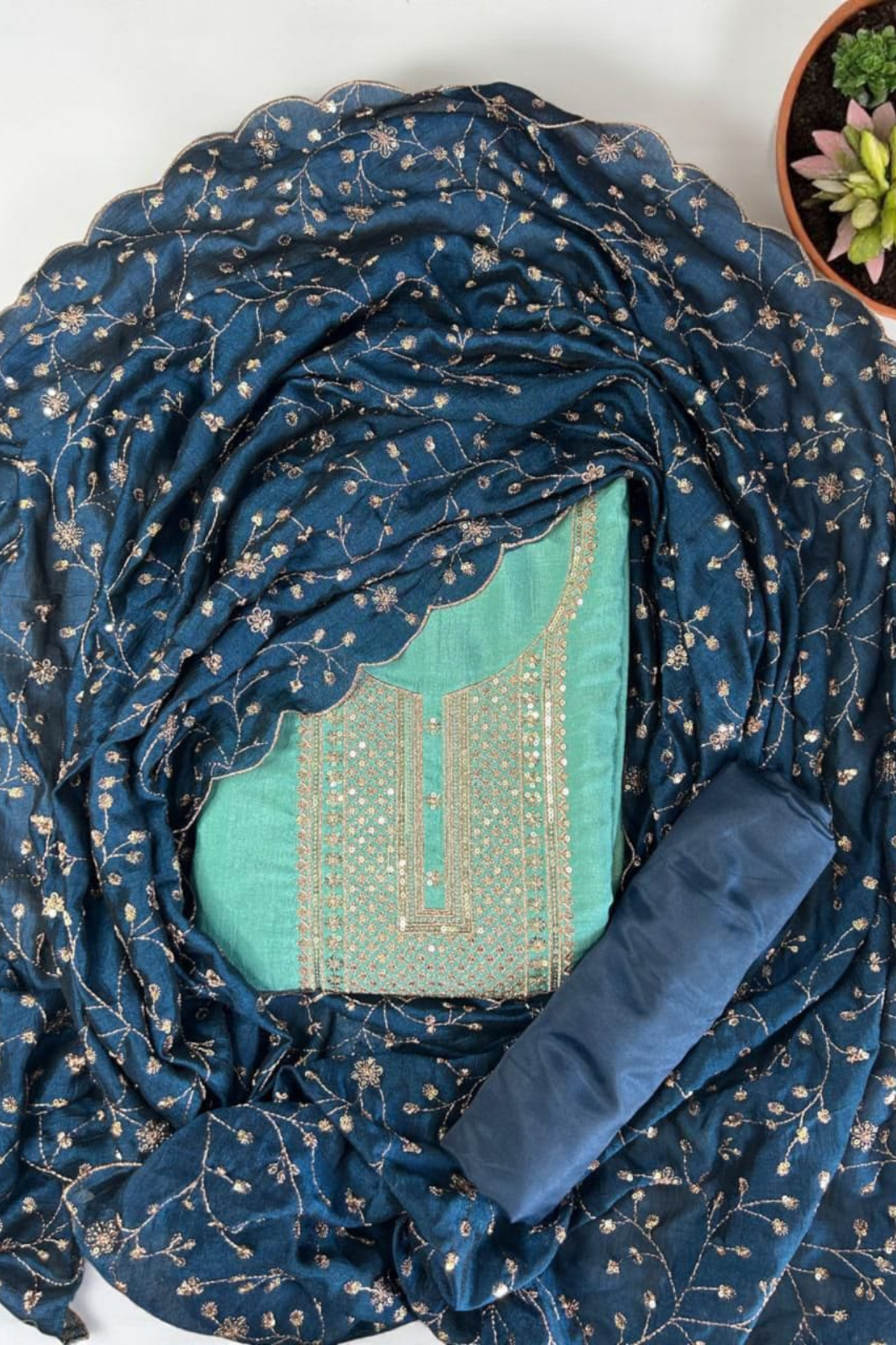 Graceful Vichitra Silk Embroidered Unstitched Suit with Embroidered Jaal Dupatta- Blue