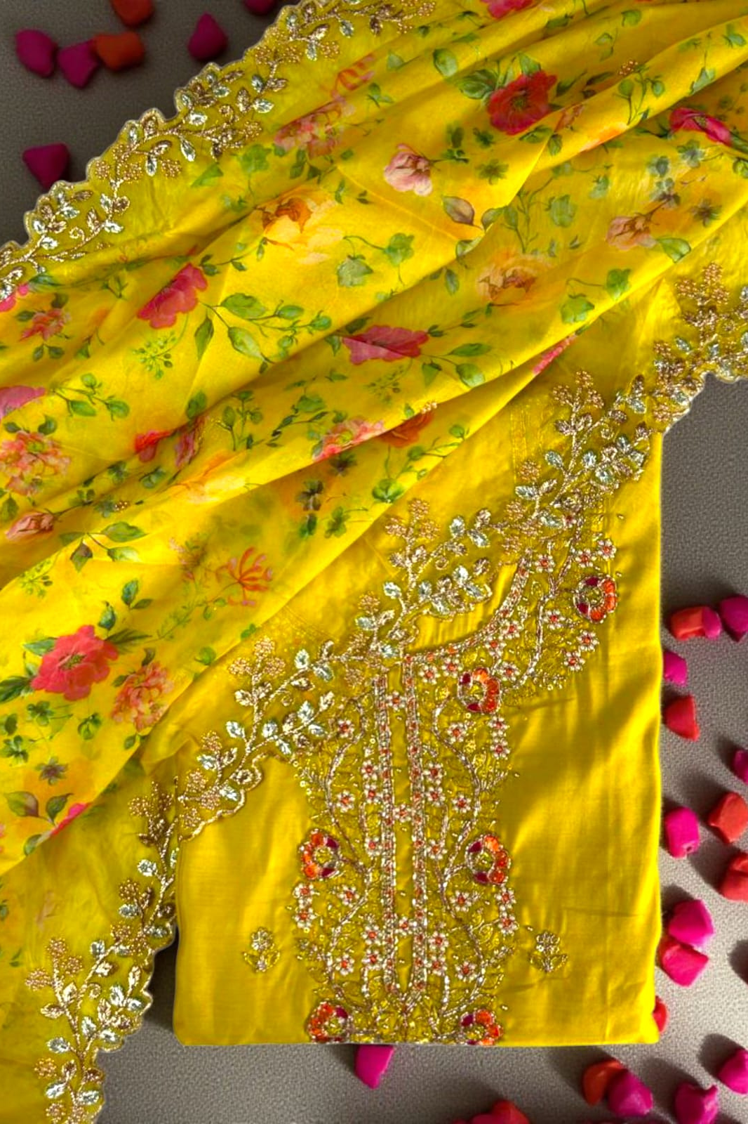 Vibrant Roman Silk Embroidered Unstitched Suit Set-Yellow