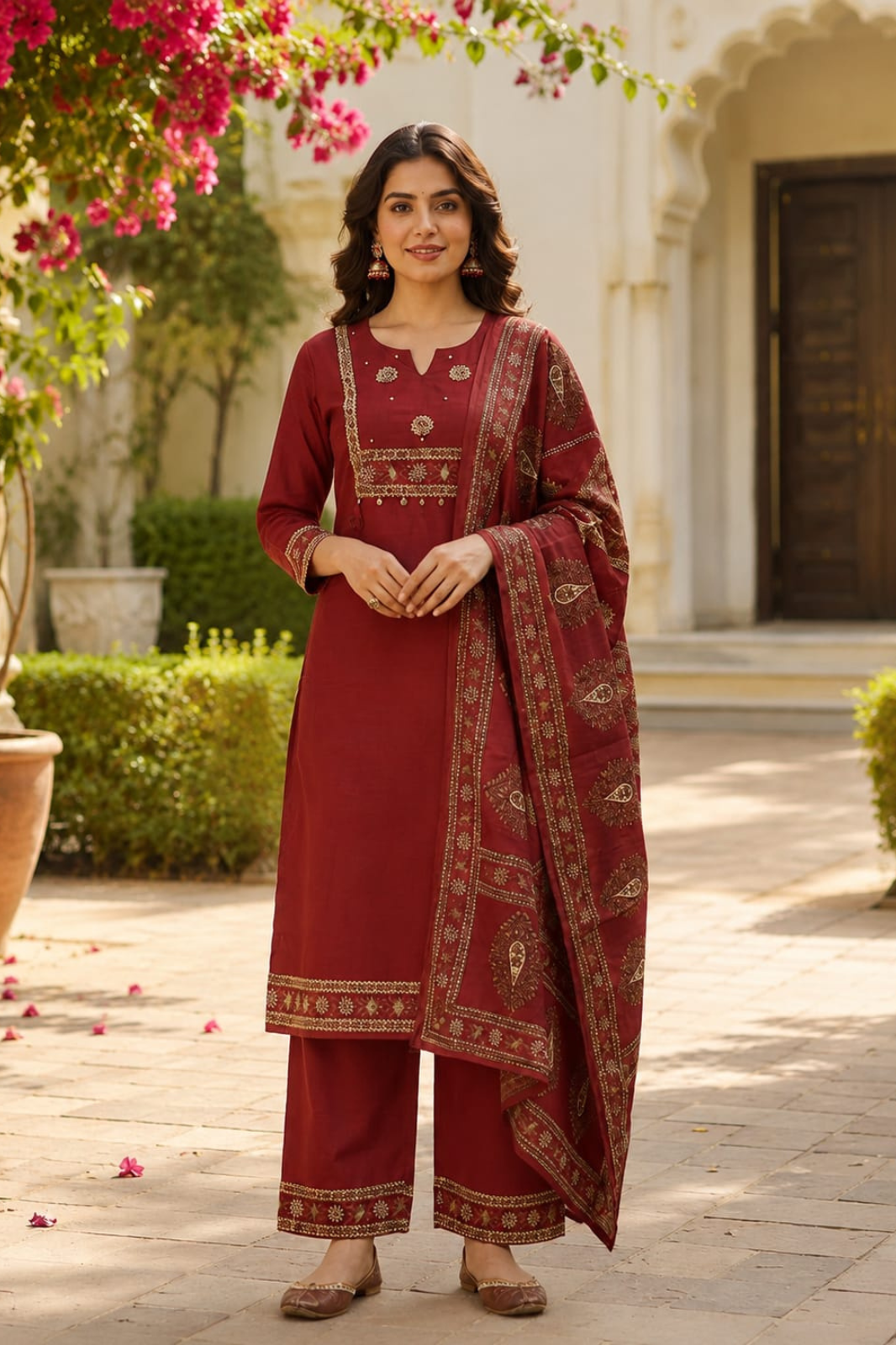 Maroon Cotton Kurta Set with Printed Dupatta