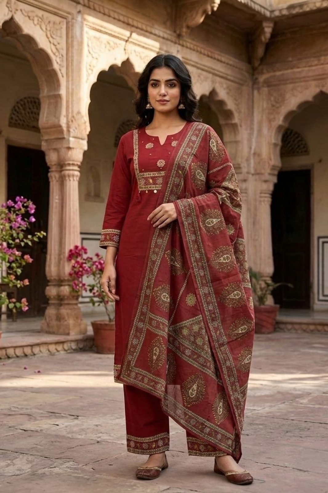 Maroon Cotton Kurta Set with Printed Dupatta