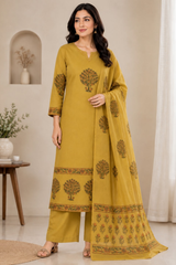 Mustard Yellow Printed Cotton Kurta Set with Dupatta