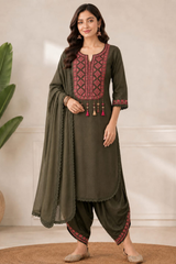 Army Green Embroidered Cotton Dhoti Kurta Set