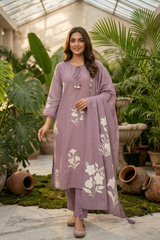 Lavender Linen Kurta Set with Applique work