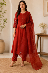 Elegant Rust Mul Chanderi A-Line Kurta Set with Handworked Sleeves