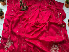 Rani Pink Saree with Delicate Embroidery and Tassel Detailing