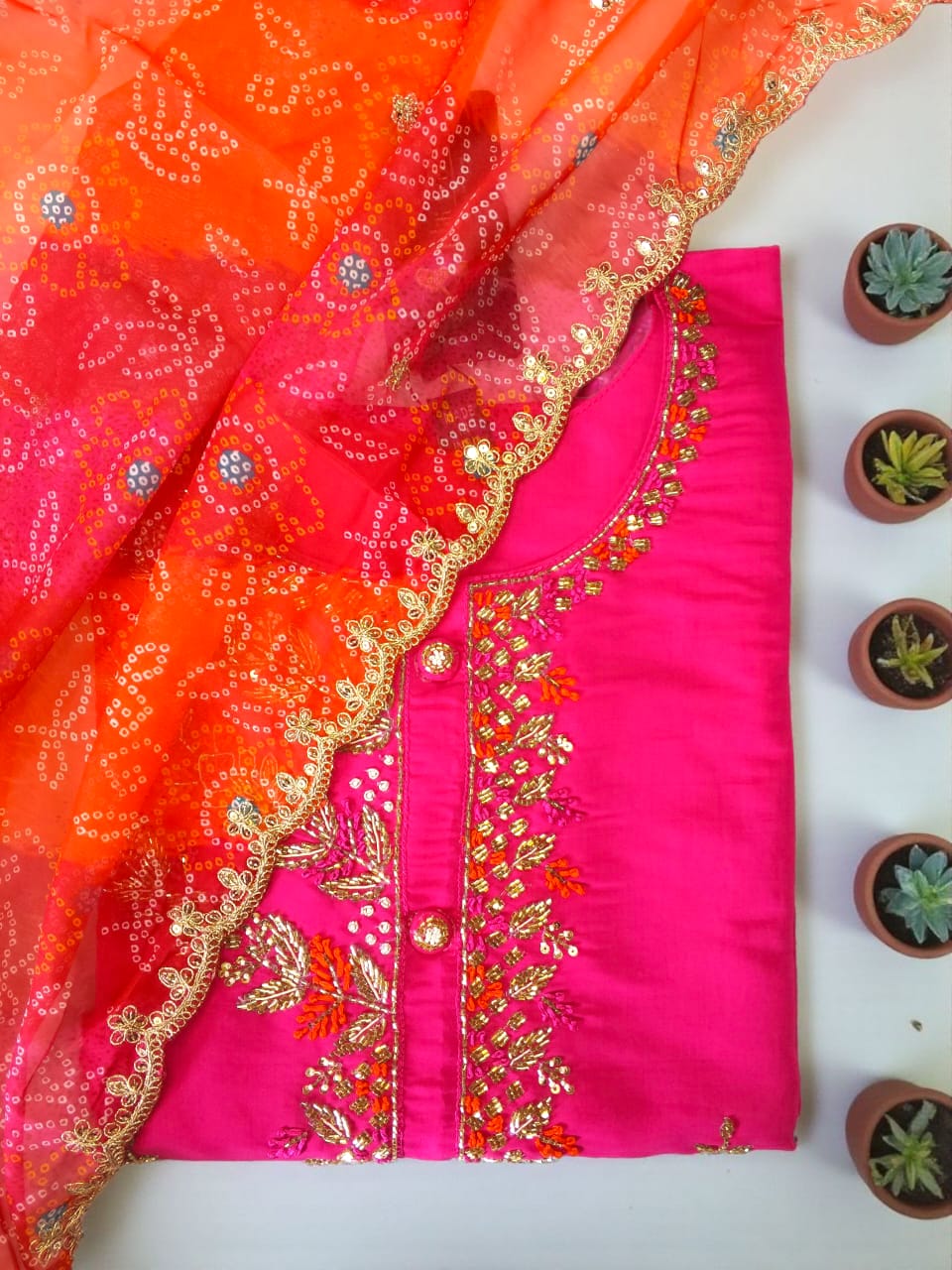 Rani Radiance Embroidered Suit Set with Contrast Orange Embroidred Dupatta