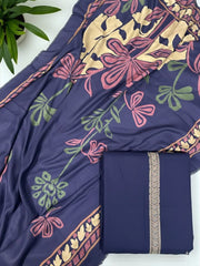 Elegant Navy Blue Pashmina Unstitched Winter Suit – Embroidered Neckline & Printed Dupatta