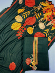 Bottle Green Pashmina Suit – Embroidered Neckline & Printed Dupatta for Winter