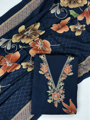 Navy Blue Pashmina Unstitched Suit for Winter – Embroidered Neckline & Printed Dupatta