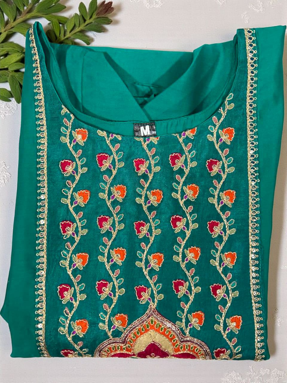 Designer Emerald Green Silk Embroidered Suit Set with Printed Silk Dupatta
