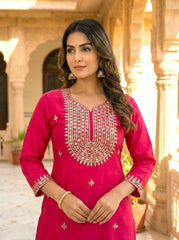 Royal Pink Mirror work Silk Suit Set with Banarasi Dupatta