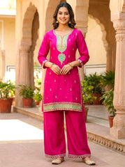 Graceful Pink Embroidered Kurta Palazzo Set with Dupatta