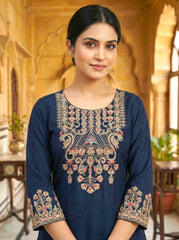 Navy Blue Embroidered Kurta Set with Divider