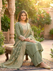 Olive Green Embroidered Silk Blend Kurta Palazzo Set with Dupatta